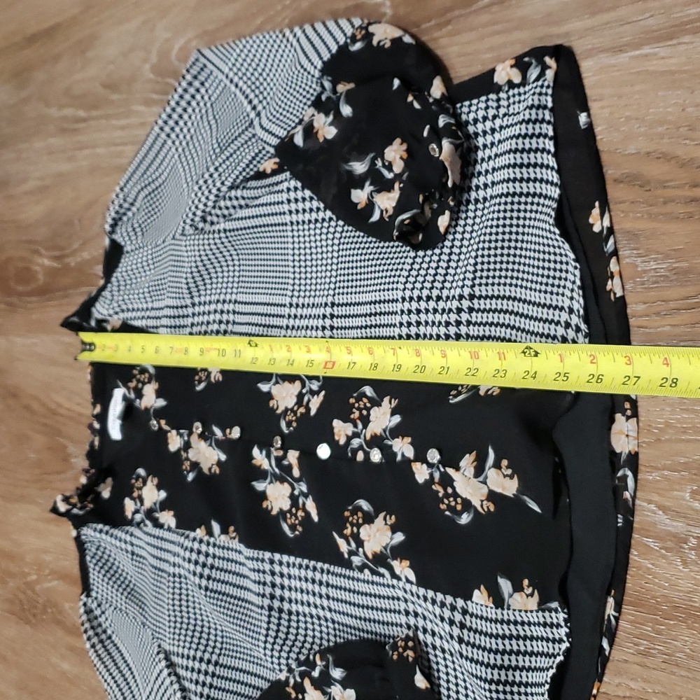 (S) Calvin Klein Floral Sheer Overlay Houndstooth Statement Sleeve Blouse Ruffle - Picture 4 of 9